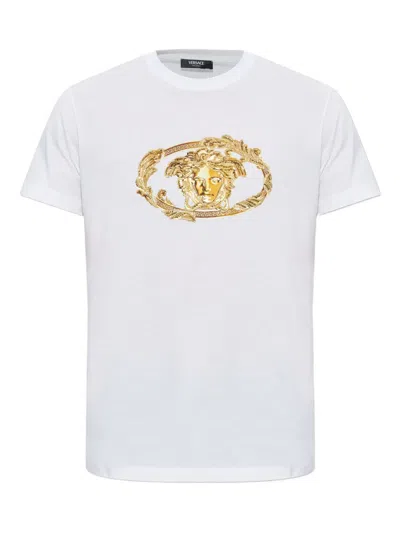 Versace Embroidered Buckle Crest T-shirt In Gold