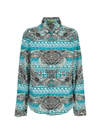 Pre-owned Versace Graphic-print Button-up Shirt In Blue