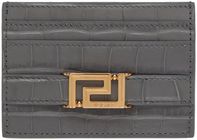 Versace Gray Croc-effect Greca Goddess Card Holder In 1e51v Charcoal