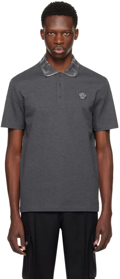 Versace Gray Greca Collar Polo In 1e880-anthracite
