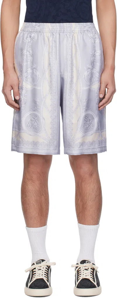 Versace Gray 'la Coupe Des Dieux' Silk Shorts In 5e450-silver+champag