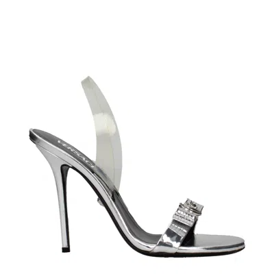 Versace Gray Leather Stiletto Heels Sandals In Silver