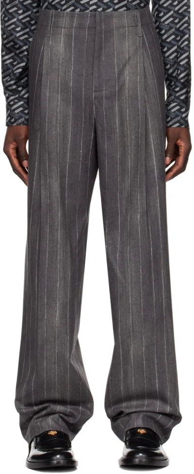 Versace Gray Pinstripe Trousers In 5b040 Nero+bianco
