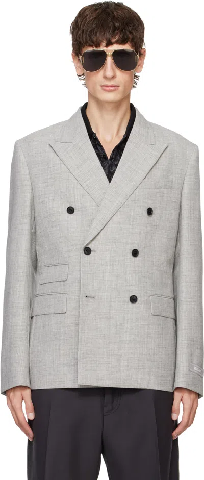 VERSACE GRAY WOOL-BLEND DOUBLE-BREASTED BLAZER