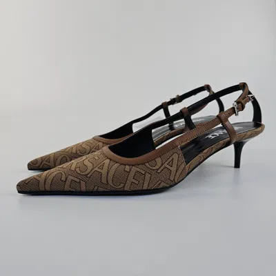 Pre-owned Versace Greca 45mm Beige Slingback Pumps