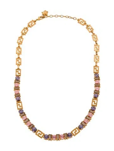 Pre-owned Versace Greca & Crystal Chain Necklace, 19.25" In Multi