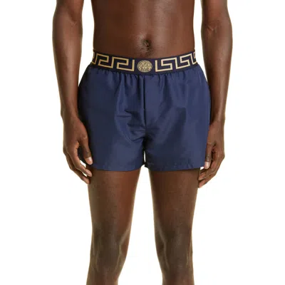 Versace Blue Swim Trunks With Greca And Medusa Head Print On Elastic Waistband In Nylon In Navy Blue