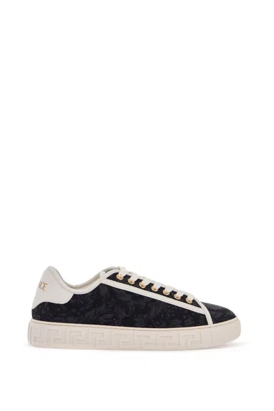 Versace Mens Navy Baroque Graphic-pattern Canvas Low-top Trainers