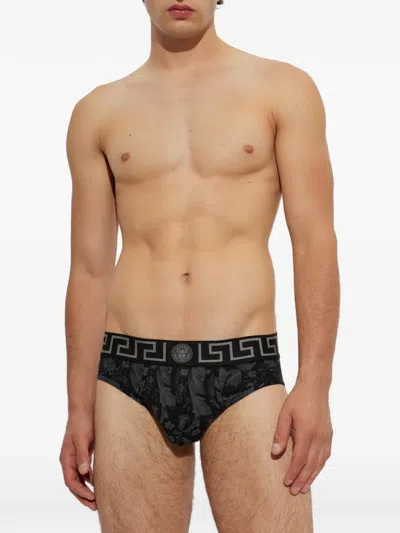 Versace Greca Barocco-print Briefs In Black