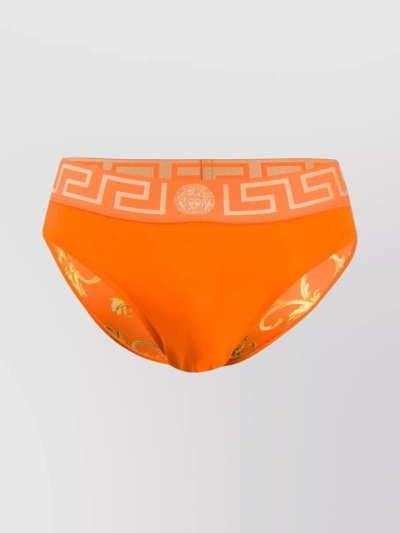 Versace Baroque Print Elastic Waistband Swim Shorts In Orange