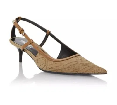 Pre-owned Versace Greca Beige Logo Slingback Kitten Heel In Box Size 36