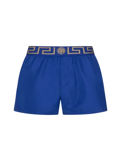 Versace Greca Bluette Nylon Swim Shorts Man In Bluette-gold