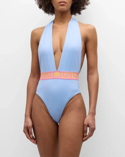 Versace Greca Border Backless One-piece Swimsuit In Pastel Blue