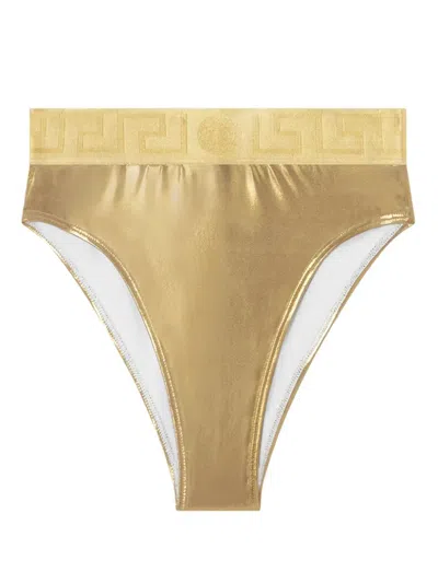 Versace Greca Border Bikini Bottoms With Metallic Finish In Grey