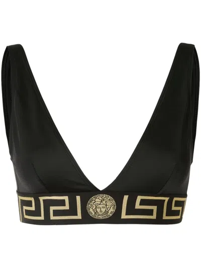 Versace Barocco Sleeveless V-neck Bikini Top In Black