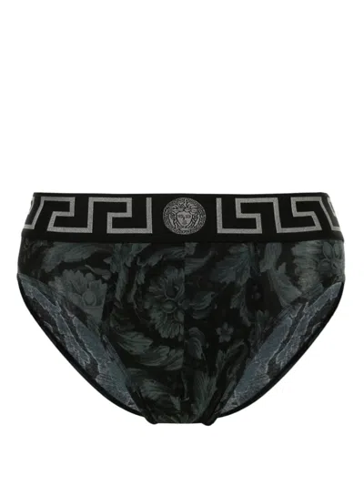 Versace Barocco Cotton Blend Briefs In Black Grey