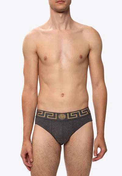 Versace Greca Border Briefs In Gray