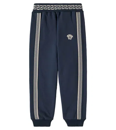 Versace Kids' Greca Border Cotton Jersey Trackpants In Blue