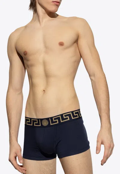 Versace Greca Border Elastic Waistband Trunks In Navy
