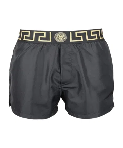Versace Greca Border Elasticated Waistband Swim Shorts In Black