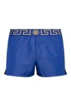 Versace Blue Swim Shorts With Elastic Waist With Greca Motif In Tech Fabric Man In Blue