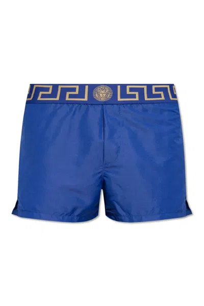 Versace Greca Border Elasticated Waistband Swim Shorts In Blue