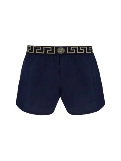 Versace Greca Border Elasticated Waistband Swim Shorts In Navy