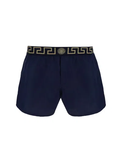 Versace Greca Border Elasticated Waistband Swim Shorts In Blue