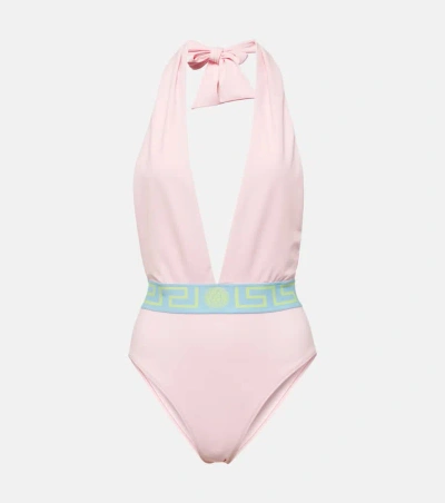 Versace Greca Border Halterneck Swimsuit In Pink