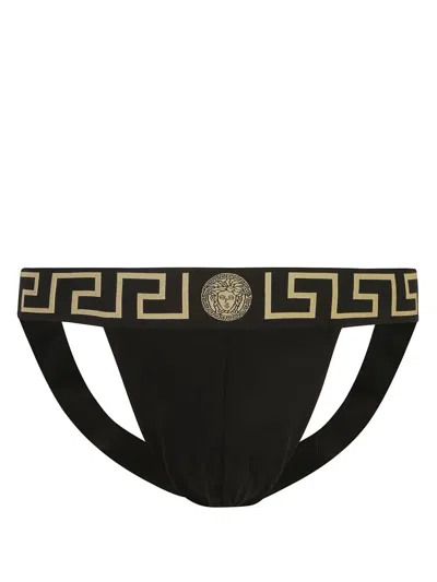 Versace Stretch Cotton Jock Strap With Medusa Greca Logo In Black Gold