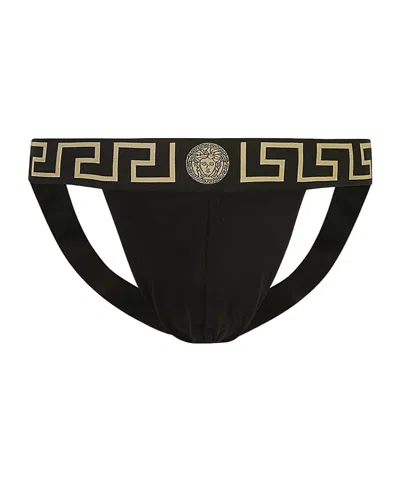 Versace Stretch Cotton Jock Strap With Medusa Greca Logo In Black Gold