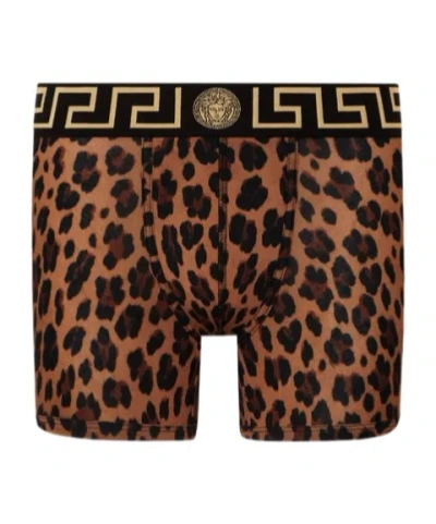 Versace Greca Border Leopard-print Boxers In Black