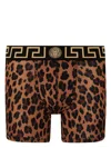 Versace Greca Border Leopard-print Boxers In Brown