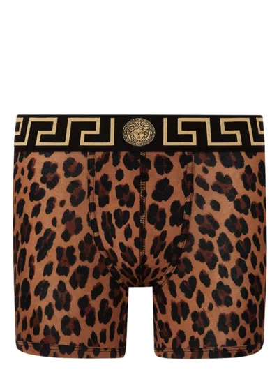 Versace Greca Border Leopard-print Boxers In Animalier