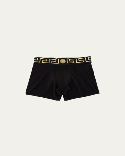 Versace Greca Border Long Boxer Trunks In Black