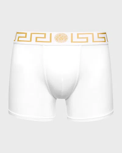 Versace Greca Border Long Boxer Trunks In Black Gold