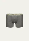 Versace Greca Border Long Boxer Trunks In Gray Pattern