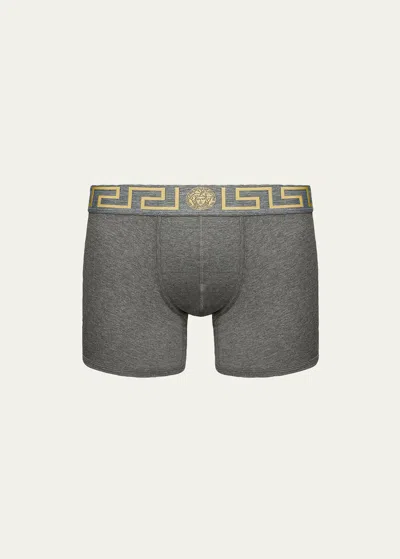 Versace Greca Border Long Boxer Trunks In Gray Pattern