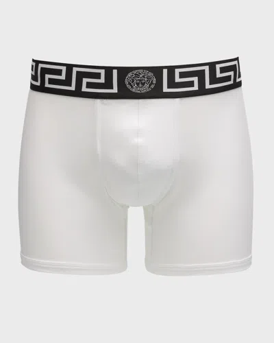 Versace Greca Border Long Boxer Trunks In White Black White