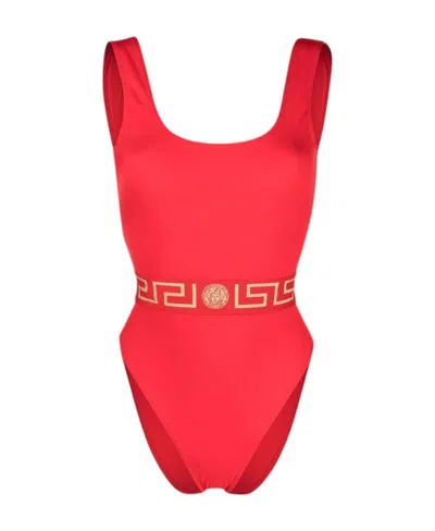 Versace Greca Border Low Back Swimsuit In Red
