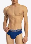 Versace First Line Logo Stretch Cotton Thong In Blue
