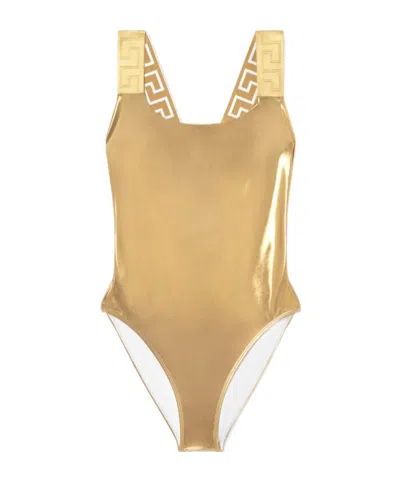 Versace Greca Border One-piece Swimsuit In Gold