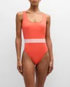Versace Greca Border One-piece Swimsuit In 2rb10 Coral Dusty Rose Ivory