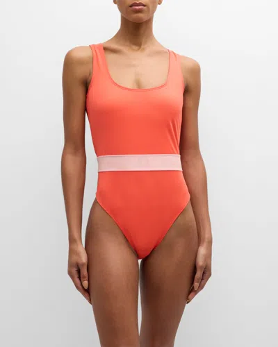 Versace Greca Border One-piece Swimsuit In 2rb10 Coral Dusty Rose Ivory