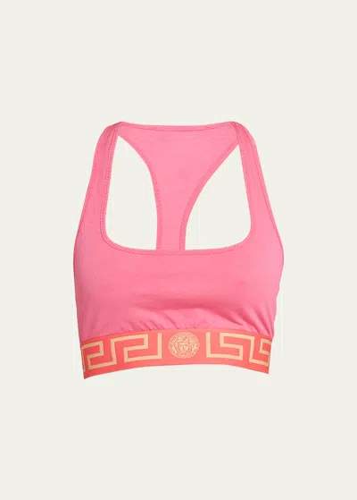 Versace Greca Border Racerback Sports Bra In Tropical Pink Red Orange