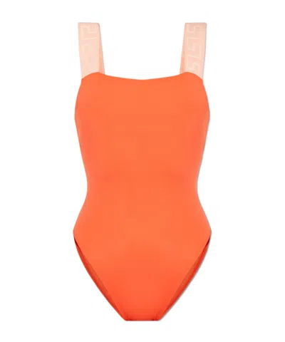 Versace Greca Border Square Neck Swimsuit In Orange