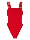 Versace Red Greca Border One-piece Swimsuit In Rouge