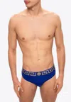 Versace First Line Logo Stretch Cotton Thong In Blue