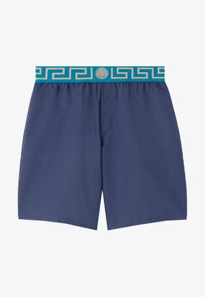 Versace Greca Border Swim Shorts In Blue