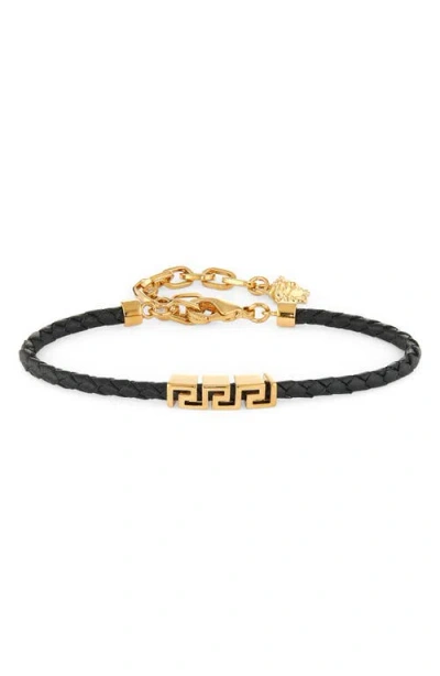 Versace Greca Braided Leather Bracelet In Brown